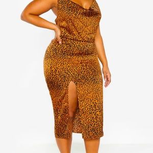PrettyLittleThing Plus Leopard Print Strappy Satin Cowl Midi Dress
